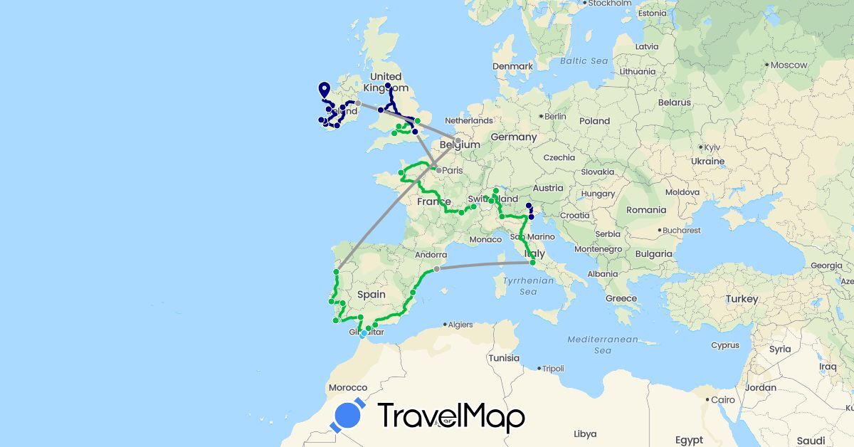 TravelMap itinerary: driving, bus, plane, boat in Belgium, Switzerland, Spain, France, United Kingdom, Ireland, Italy, Morocco, Portugal (Africa, Europe)