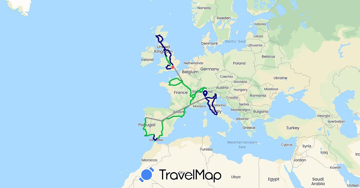 TravelMap itinerary: driving, bus, plane, hiking, boat in Switzerland, Spain, France, United Kingdom, Italy, Morocco, Portugal (Africa, Europe)